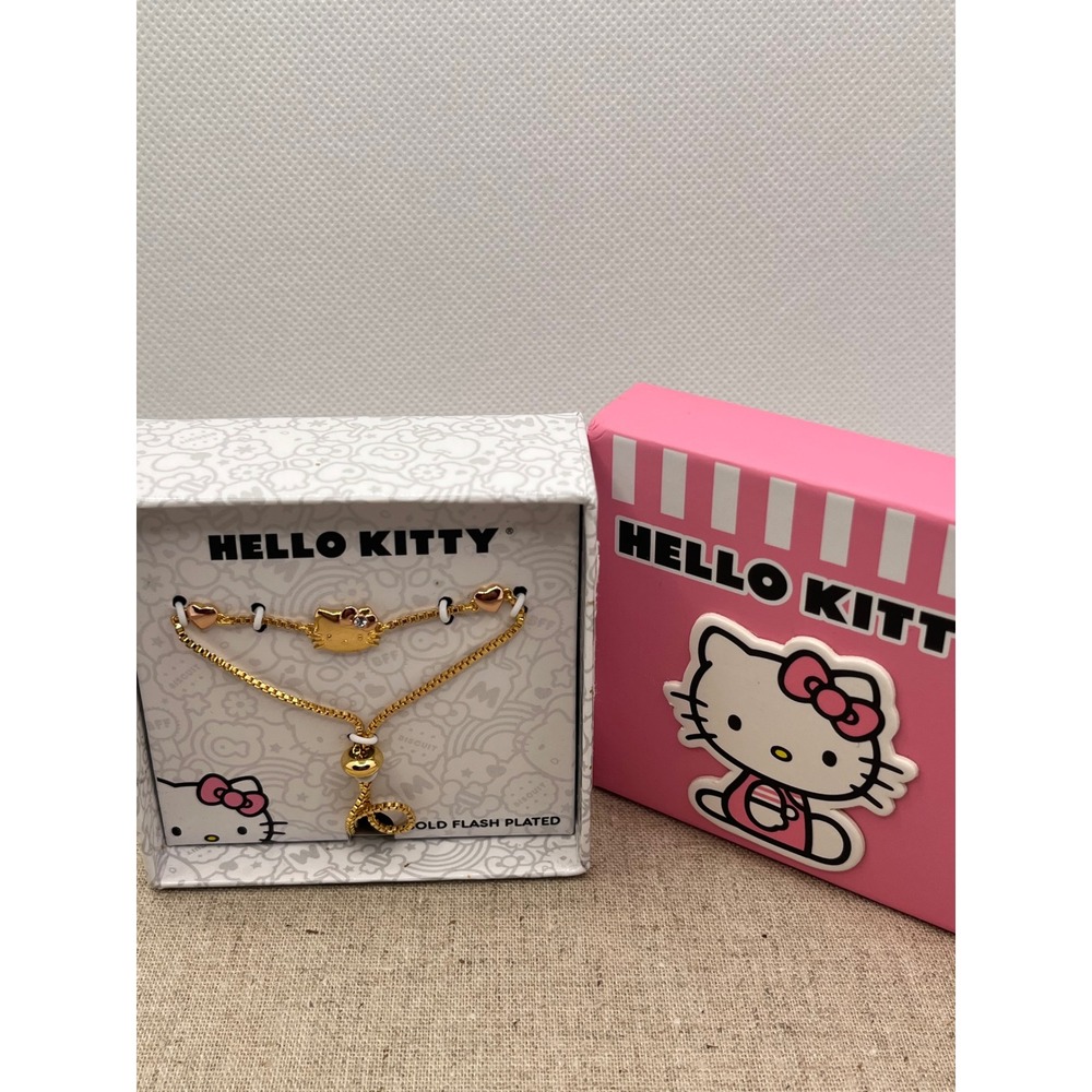 Hello Kitty Sanrio Bracelet Gold Plated Tone Heart Adjustable Slider Gift New